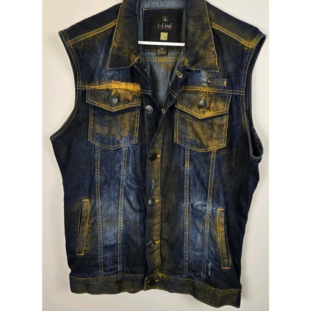 Copper Washed Upcycled Denim Mens Vest 2XL PATRIOTIC AMERICAN FLAG MOTO STEAMPUN - Picture 2 of 15